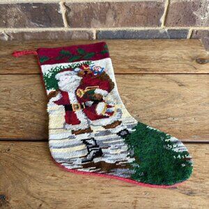 Vintage Needlepoint Santa With Toy Bag Christmas Stocking 16” READ ALL